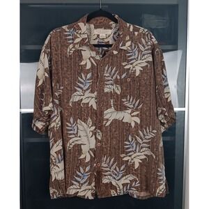 Island Republic Shirt Mens XXL Brown 100% Silk Hawaiian Camp Wooden‎ Buttons